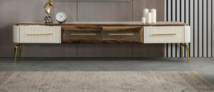 Casa Padrino Luxus Art Deco TV Schrank Braun / Wei / Gold 235 x 48 x H. 48 cm - Wohnzimmer Sideboard mit 4 Schubladen - Art Deco Mbel - Wohnzimmer Mbel - Luxus Mbel