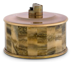 Casa Padrino Luxus Feuerzeughalter Vintage Messing / Braun  13 x H. 10 cm - Runder dekorativer Feuerzeughalter - Deko Accessoires - Luxus Qualit�t