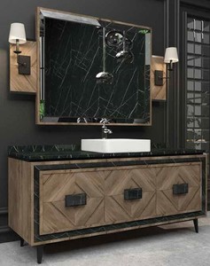 Casa Padrino Luxus Badezimmer Set Braun / Schwarz / Wei  - 1 Waschtisch mit 3 Tren und 1 Waschbecken und 1 Wandspiegel - Luxus Badezimmermbel