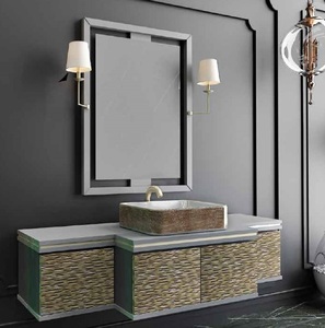 Casa Padrino Luxus Badezimmer Set Grau / Gold / Schwarz - 1 Waschtisch mit 4 Tren und 1 Waschbecken und 1 Wandspiegel mit 2 Wandleuchten - Luxus Kollektion