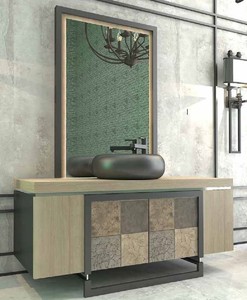 Casa Padrino Luxus Badezimmer Set Naturfarben / Mehrfarbig / Schwarz - 1 Waschtisch mit 4 Tren und 1 Waschbecken und 1 Wandspiegel - Luxus Qualitt