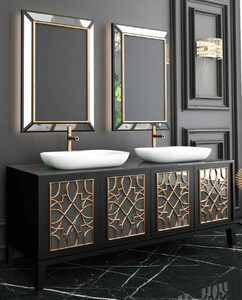 Casa Padrino Luxus Badezimmer Set Schwarz / Gold / Weiß - 1 Waschtisch mit 4 Türen und 2 Waschbecken und 2 Wandspiegel 