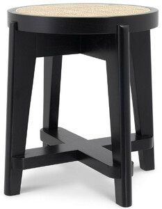 Casa Padrino Luxus Hocker Schwarz / Naturfarben  44,5 x H. 47 cm - Runder Massivholz Sitzhocker mit Rattangeflecht - Wohnzimmer Mbel