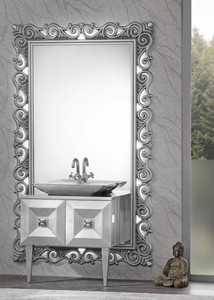 Casa Padrino Luxus Barock Badezimmer Set Silber - Waschtisch mit Waschbecken und Wandspiegel - Prunkvolle Badezimmermöbel im Barockstil