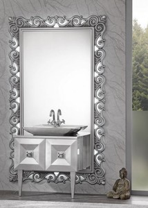 Casa Padrino Luxus Barock Badezimmer Set Silber - Waschtisch mit Waschbecken und Wandspiegel - Prunkvolle Badezimmerm�bel im Barockstil