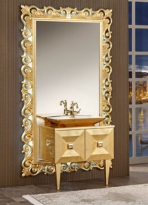 Casa Padrino Luxus Barock Badezimmer Set Gold - Waschtisch mit Waschbecken und Wandspiegel - Prunkvolle Badezimmermbel im Barockstil