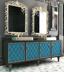 Casa Padrino Luxus Barock Badezimmer Set Schwarz / Blau / Gold - 1 Waschtisch mit 4 Tren und 2 Waschbecken und 2 Wandspiegel - Prunkvolle Badezimmermbel