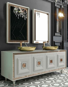 Casa Padrino Luxus Badezimmer Set Wei / Bronze / Gold - 1 Waschtisch mit 4 Tren und 2 Waschbecken und 2 Wandspiegel - Luxus Badezimmermbel