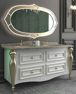 Casa Padrino Luxus Barock Badezimmer Set Wei / Grau / Gold - 1 Waschtisch mit 4 Schubladen und 2 Waschbecken und 1 Wandspiegel - Prunkvolle Badezimmermbel