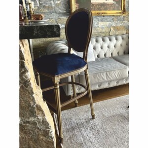 Casa Padrino Luxus Barock Barstuhl Dunkelblau / Braun / Naturfarben H. 127 cm - Barock Bar M�bel