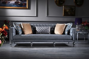 Casa Padrino Luxus Barock Chesterfield Sofa Blau / Silber 250 x 92 x H. 85 cm - Wohnzimmermbel im Barockstil