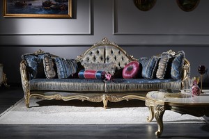 Casa Padrino Luxus Barock Chesterfield Sofa Dunkelblau / Antik Gold 300 x 90 x H. 119 cm - Prunkvolles Barock Wohnzimmer Sofa - Barockmbel