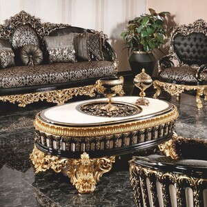 Casa Padrino Luxus Barock Couchtisch Schwarz / Wei� / Gold 145 cm - Ovaler Barockstil Wohnzimmertisch - Barockstil Wohnzimmer M�bel