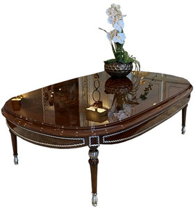 Casa Padrino Luxus Barock Couchtisch Braun / Silber 144 x 92 x H. 45 cm - Ovaler Massivholz Wohnzimmertisch - Edle Barock Wohnzimmer M�bel