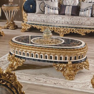 Casa Padrino Luxus Barock Couchtisch Blau / Wei� / Gold 145 cm - Ovaler Barockstil Wohnzimmertisch - Barockstil Wohnzimmer M�bel