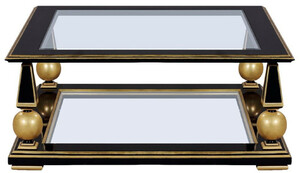 Casa Padrino Luxus Art Deco Couchtisch Schwarz / Gold 113 x 113 x H. 47 cm - Prunkvoller Massivholz Wohnzimmertisch mit Glasplatten - Art Deco Wohnzimmer Mbel