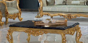 Casa Padrino Luxus Barock Couchtisch Schwarz / Gold 120 x 85 x H. 50 cm - Prunkvoller Massivholz Wohnzimmertisch mit Tischplatte in Marmoroptik - Barock Mbel