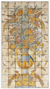 Casa Padrino Luxus Barock Deko Wandgemlde Vase mit Blumen und Vgel Mehrfarbig 70 x H. 130 cm - Handgefertigte & Handbemalte Naturstein Mosaik Fliesen - Barock Wanddeko