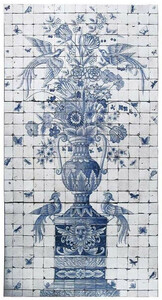Casa Padrino Luxus Barock Deko Wandgemlde Vase mit Blumen und Vgel Wei / Grau / Blau 155 x H. 280 cm - Handgefertigte & Handbemalte Naturstein Mosaik Fliesen - Barock Wanddeko