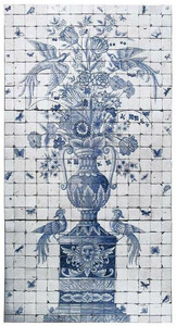 Casa Padrino Luxus Barock Deko Wandgem�lde Vase mit Blumen und V�gel Wei� / Grau / Blau 155 x H. 280 cm - Handgefertigte & Handbemalte Naturstein Mosaik Fliesen - Barock Wanddeko