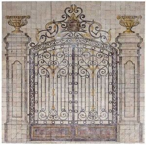 Casa Padrino Luxus Barock Deko Wandgem�lde Das Prunkvolle Tor Beige / Mehrfarbig 290 x H. 310 cm - Handgefertigte & Handbemalte Naturstein Mosaik Fliesen - Barock Wanddeko