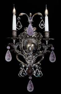 Casa Padrino Luxus Barock Kristall Doppel Wandleuchte Antik Bronze / Violett 30 x 22 x H. 52 cm - Prunkvolle Barockstil Wandlampe mit hochwertigem Amethyst Stein und Kristallglas - Made in Italy