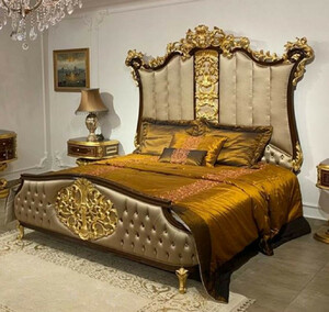 Casa Padrino Luxus Barock Doppelbett Silber / Dunkelbraun / Gold - Edles Massivholz Bett mit Kopfteil - Prunkvolle Schlafzimmer Mbel im Barockstil