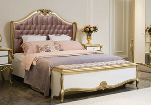 Casa Padrino Luxus Barock Doppelbett Lila / Rosa / Wei / Gold 170 x 207 x H. 168 cm - Edles Massivholz Bett mit Kopfteil - Prunkvolle Schlafzimmer Mbel im Barockstil