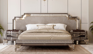 Casa Padrino Luxus Barock Doppelbett und 2 Nachtkommoden Grau / Dunkelbraun / Gold