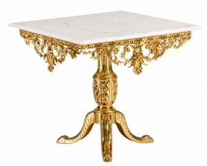 Casa Padrino Luxus Barock Esstisch Gold / Wei� - Quadratischer Bronze Esszimmertisch mit Marmorplatte - Luxus Esszimmer M�bel im Barockstil - Barock M�bel - Edel & Prunkvoll