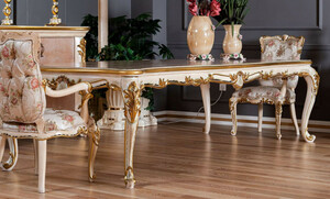 Casa Padrino Luxus Barock Esstisch Beige / Wei / Gold - Prunkvoller Massivholz Esszimmertisch im Barockstil - Barock Esszimmer Mbel