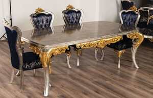 Casa Padrino Luxus Barock Esstisch Silber / Gold - Handgefertigter Massivholz Esszimmertisch im Barockstil - Prunkvolle Barock Esszimmer Mbel