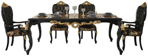 Casa Padrino Luxus Barock Esszimmer Set Braun / Schwarz / Gold - 1 Esstisch mit Tischplatte in Marmoroptik & 6 Esszimmersthle - Prunkvolle Esszimmer Mbel im Barockstil