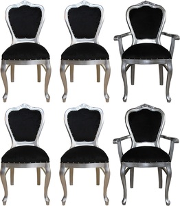 Casa Padrino Luxus Barock Esszimmer Set Schwarz / Silber - 6 handgefertigte Esszimmerst�hle - 2 St�hle mit Armlehnen und 4 St�hle ohne Armlehnen - Barock Esszimmerm�bel