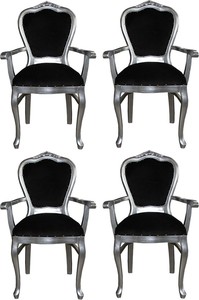Casa Padrino Luxus Barock Esszimmer Set Schwarz / Silber 60 x 47 x H. 99 cm - 4 handgefertigte Esszimmerst�hle mit Armlehnen - Barock Esszimmerm�bel