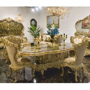 Casa Padrino Luxus Barock Esszimmer Set Grau / Gr�n / Gold - 1 Barock Esstisch & 6 Barock Esszimmer St�hle - Barock Esszimmer M�bel