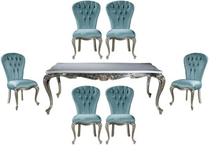Casa Padrino Luxus Barock Esszimmer Set Hellblau / Silber - 1 Esstisch & 6 Esszimmerst�hle - Barock Esszimmer M�bel - Edel & Prunkvoll