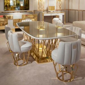 Casa Padrino Luxus Designer Esszimmer Set Elfenbeinfarben / Gold - 1 Esstisch & 6 Esszimmersthle - Luxus Designer Esszimmermbel - Hotel Mbel - Luxus Qualitt - Made in Italy
