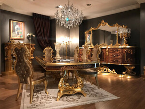 Casa Padrino Luxus Barock Esszimmer Set Braun / Antik Gold - 1 Esstisch & 8 Esszimmersthle - Esszimmer Mbel im Barockstil - Edel & Prunkvoll