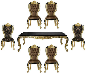 Casa Padrino Luxus Barock Esszimmer Set Braun / Schwarz / Gold - 1 Esstisch & 6 Esszimmerst�hle - Prunkvolle Esszimmer M�bel im Barockstil
