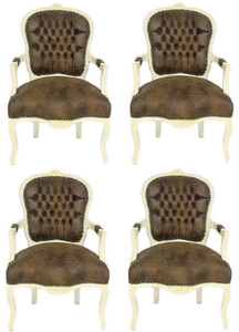 Casa Padrino Barock Salon Stuhl Set Braun / Creme 60 x 50 x H. 93 cm - 4 handgefertigte Salon Stühle mit Lederoptik - Barockmöbel