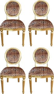 Casa Padrino Luxus Barock Esszimmer Set Medaillon Leopard / Gold 50 x 52 x H. 99 cm - 4 handgefertigte Esszimmersthle - Barock Esszimmermbel