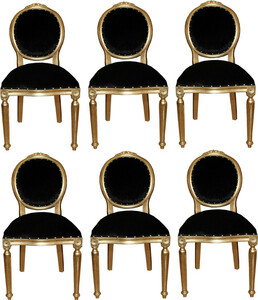 Casa Padrino Luxus Barock Esszimmer Set Medaillon Schwarz / Gold 50 x 52 x H. 99 cm - 6 handgefertigte Esszimmerst�hle - Barock Esszimmerm�bel