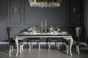 Casa Padrino Luxus Barock Esszimmer Set Grn / Gold / Wei - 1 Esstisch mit Glasplatte & 6 Esszimmersthle - Edle Esszimmer Mbel im Barockstil