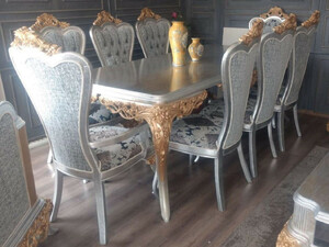 Casa Padrino Luxus Barock Esszimmer Set Blau / Wei� / Silber / Kupfer - 1 Barock Esstisch & 6 Barock Esszimmerst�hle - Esszimmer M�bel im Barockstil - Edel & Prunkvoll