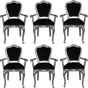 Casa Padrino Luxus Barock Esszimmer Set Schwarz / Silber 60 x 47 x H. 99 cm - 6 handgefertigte Esszimmerst�hle mit Armlehnen - Barock Esszimmerm�bel
