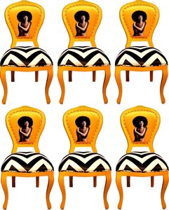 Casa Padrino Luxus Barock Esszimmer Set Schwarz / Wei Streifen / Gelb 55 x 54 x H. 103 cm - 6 handgefertigte Designer Esszimmersthle - Barock Esszimmermbel