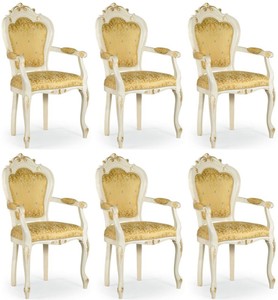 Casa Padrino Luxus Barock Esszimmer Stuhl Set mit Armlehnen Gold / Wei� / Gold 58 x 50 x H. 103 cm - Barock K�chen St�hle 6er Set - Esszimmer M�bel im Barockstil