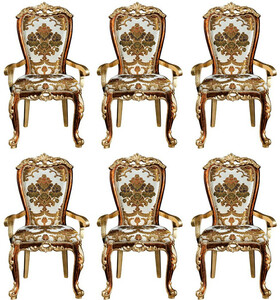 Casa Padrino Luxus Barock Esszimmer Stuhl Set mit Armlehnen und elegantem Muster 57 x 54 x H. 115 cm - Edles K�chen St�hle 6er Set im Barockstil - Barock Esszimmer M�bel