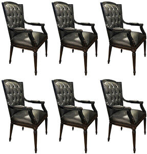 Casa Padrino Luxus Barock Esszimmerstuhl Set Schwarz - 6 Echtleder Kchen Sthle mit Armlehnen - Barock Esszimmer Mbel - Edel & Prunkvoll
